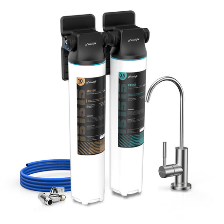 Frizzlife DW10F Untertisch-Wasserfiltersystem mit Wasserhahn aus gebürstetem Nickel, NSF/ANSI 53&42-zertifizierte Elemente