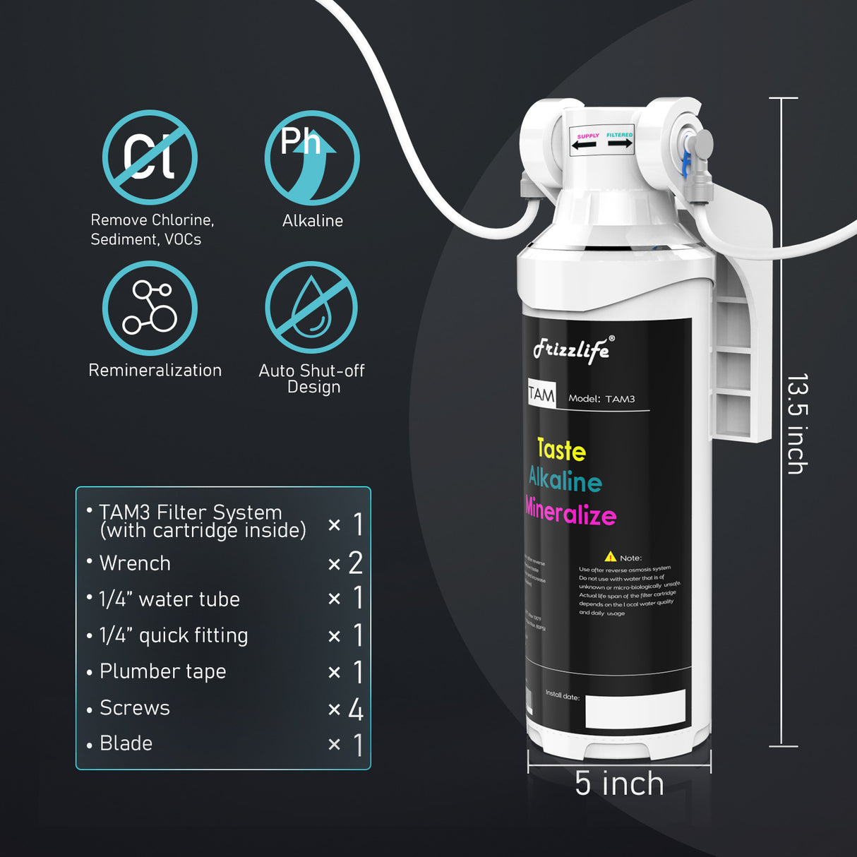 Frizzlife TAM3 Alkaline Remineralization Under Sink Water Filter - 1/4” Quick Connect Post Filter for RO Reverse Osmosis Filter System