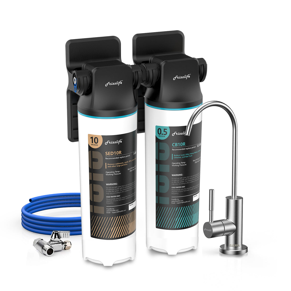 Frizzlife DW10F Untertisch-Wasserfiltersystem mit Wasserhahn aus gebürstetem Nickel, NSF/ANSI 53&42-zertifizierte Elemente